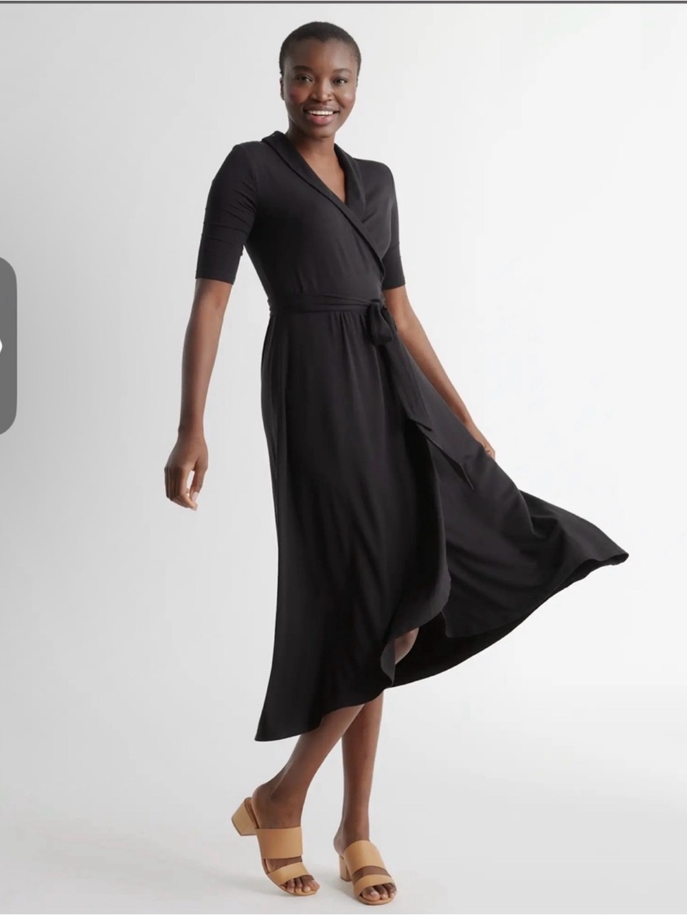 Quince Black Wrap Midi Dress with Self-Tie Waist | large black